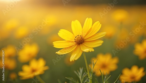 Bright yellow cosmos flower blooms in sunlit field. Soft focus background shows more yellow blossoms and green stems. Simple nature beauty, peaceful garden scene.