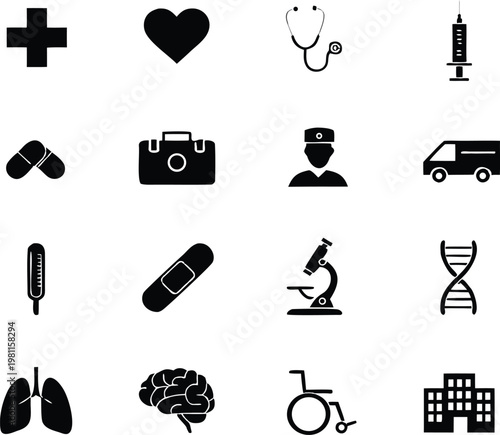 Silhouette Medical Healthcare Icons Set 16 Icons Grid
