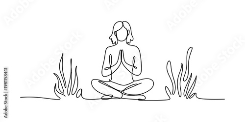 Continuous line drawing of a woman sitting in a lotus position for yoga and meditation.