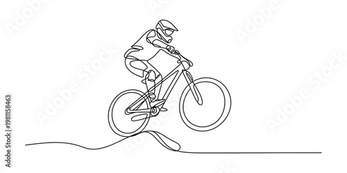 Continuous line drawing of a mountain biker jumping over a bump in a minimalist style.