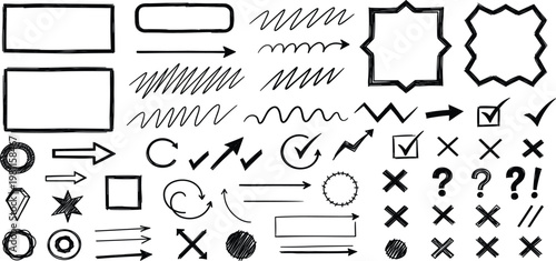 Hand Drawn UI Elements and Doodle Shapes Set with Arrows, Check Marks, Frames, and Abstract Sketch Icons for Infographic and Interface Design
