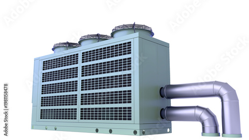 Roof Chiller AHU System - Air Conditioner. front view slightly from the side. 3D rendering isolated on white background. Ideal for professionals, educational, engineering, and industrial design