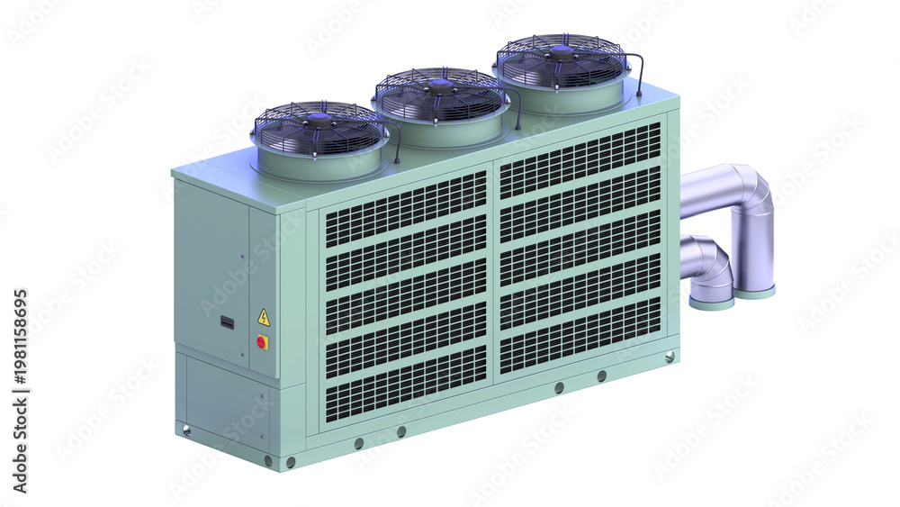 Fototapeta premium Chiller AHU System - Air Conditioner. front view slightly from the side and slightly from above. 3D rendering isolated on white background. Ideal for professionals, educational, engineering design