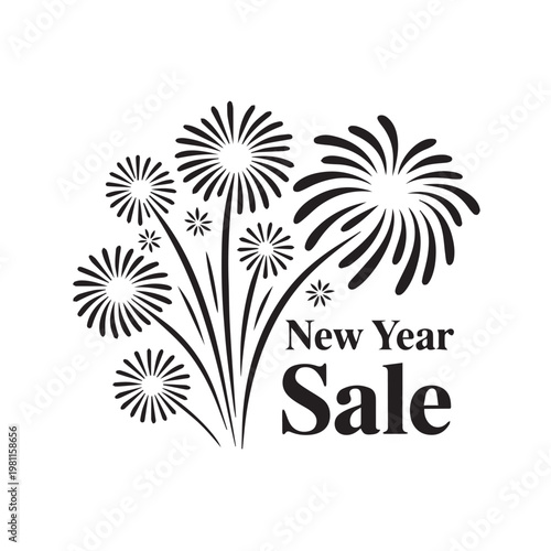 New year sale typography with festive fireworks display vector illustration for promotional marketing campaign and holiday retail discounts.