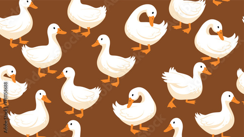 Delightful seamless pattern showcases white ducks with orange beaks swimming on a solid brown background.
