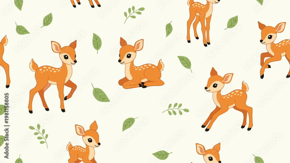 Fototapeta premium Enchanting seamless pattern features small orange fawns and green leaves scattered on a cream background.