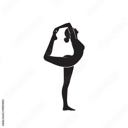Silhouette of a woman performing a yoga pose, dancer's pose, stretching and balancing on one leg with arms raised overhead in a serene posture.