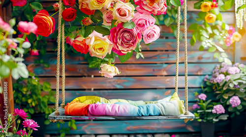 Floral Swing Surrounded by Colorful Blossoms