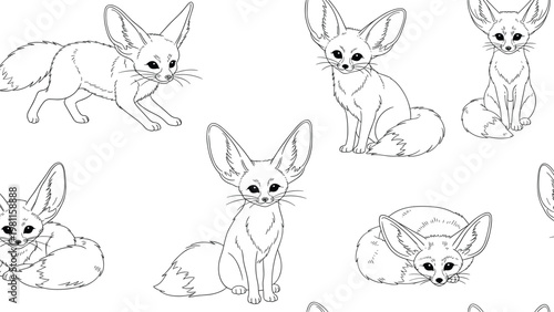 Whimsical seamless pattern displays several fennec fox drawings in different poses with large ears.