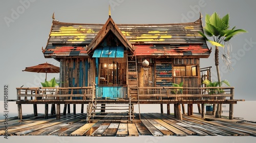 Rustic wooden house with vibrant colors and tropical design elements