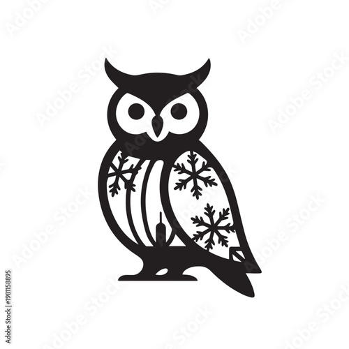 Stylized black owl silhouette adorned with snowflake patterns, featuring large eyes and distinct ear tufts, standing on a small base, winter theme.