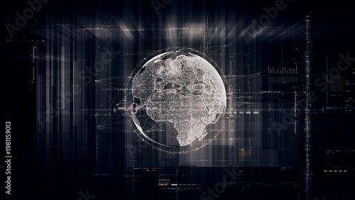 Global data network world map with matrix style grid, glowing HUD interface and streaming light trails, futuristic internet, IoT connectivity and digital simulation background