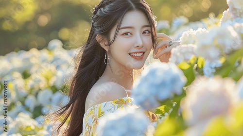 Young Woman Smiling in Floral Field at Golden Hour Light