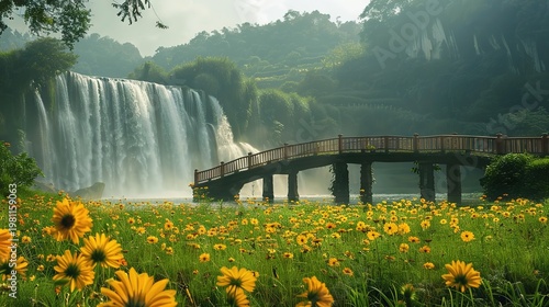 Serene Waterfall with Vibrant Flowers and Wooden Bridge in Nature