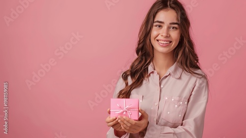 Young Woman Holding Pink Gift Box Smiling Joyfully in Studio Setting