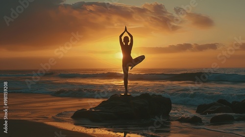 Serene Yoga Pose at Sunset on Coastal Rock by the Ocean