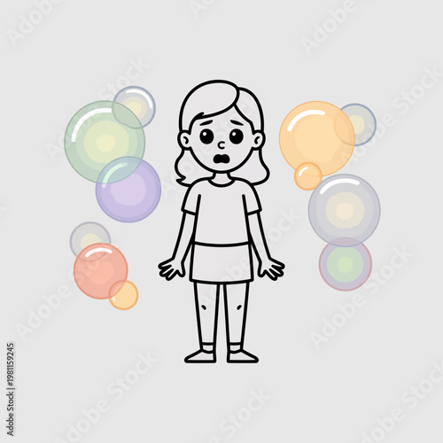 Worried young girl standing alone surrounded by colorful floating bubbles representing anxiety or playfulness in a simple flat vector illustration style for children