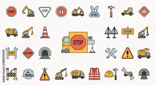 Construction Icons Set Roadworks and Traffic Signs Transportation Industrial Vehicles Equipment and Safety Gear Flat Design
