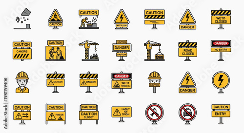 Construction Caution and Danger Signs Collection Vector Icons Set, Safety Warning Symbols and Pictograms on White Background
