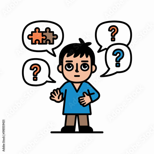 Confused young boy character surrounded by question marks and puzzle pieces representing mental struggle learning challenges or indecision in a minimalist vector style