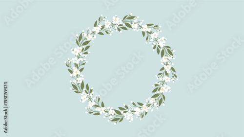 Beautiful circular wreath made of small white jasmine flowers and green leaves on a soft blue background.