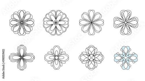 Set of eight symmetrical floral mandala icons in black line art with one blue colored variant.