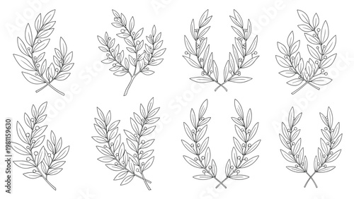 Collection of eight decorative laurel and olive branch wreaths in detailed black line art on white.