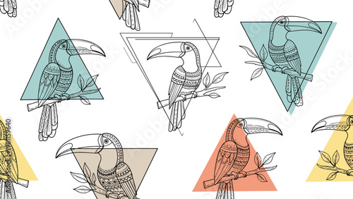 Seamless pattern design with hand drawn toucan birds and colorful triangles on a clean white background.