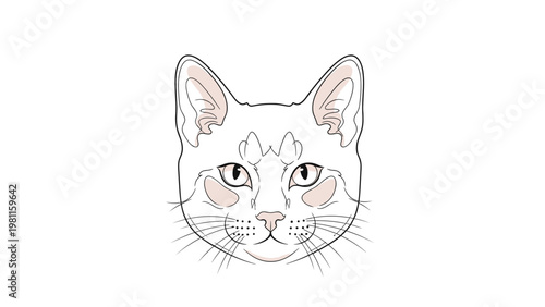 Detailed line art drawing of a cat head with soft pink accents on the ears and cheeks.