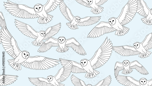Seamless pattern featuring numerous hand drawn barn owls in flight against a soft light blue background.