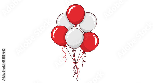 Shiny red helium balloons with ribbons isolated on a white background for a happy birthday party celebration or anniversary holiday decoration