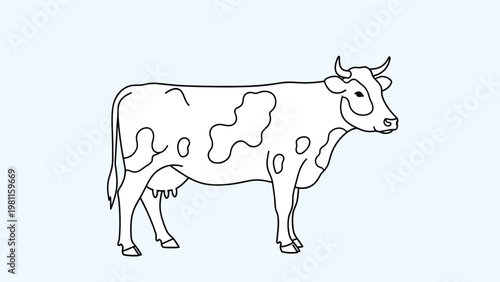 Simple line art drawing of a spotted dairy cow standing and facing right on a light blue background.