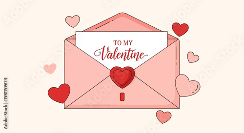 A romantic pink Valentine's day greeting card featuring a red heart symbol and paper envelope illustration as a vector art design for a holiday love letter message