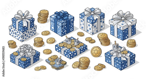 A festive set of Christmas gifts and gold coin decorations featuring currency boxes with ribbons to represent holiday wealth and business savings
