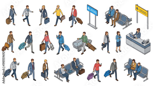 Top-Down Airport Passengers Architectural Blueprint Human Activity Vector Set, Technical Line Style Isolated Elements Illustration, Clean White Background