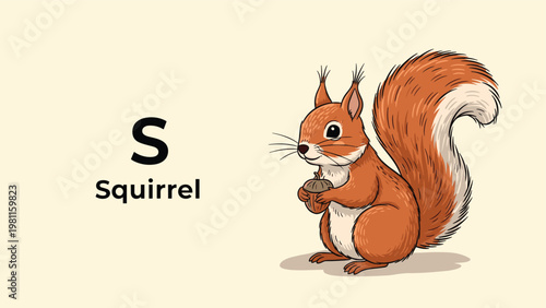 Squirrel illustration holding an acorn with letter S and word Squirrel for children alphabet learning book materials.