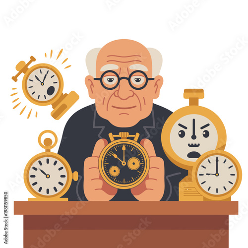 Elderly watchmaker holding pocket watch surrounded by various antique clocks and timepieces in a professional workshop setting with flat vector design and warm tones