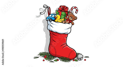 A festive red Christmas stocking filled with holiday gifts and a green ribbon sits near a winter bouquet for a classic December celebration design on a white background