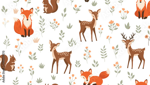 Seamless pattern with cute forest animals like foxes, deers, and squirrels among flowers on a clean white background.