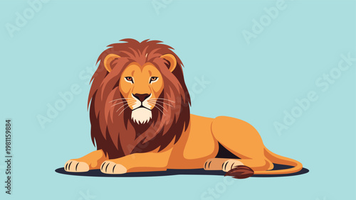 Majestic lion character with a large mane lying down in a side view profile on a light blue background for nursery art.