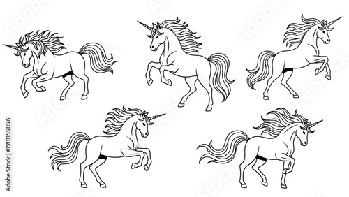 Set of five unicorn line art sketches in various dynamic poses including jumping and rearing on a white background.
