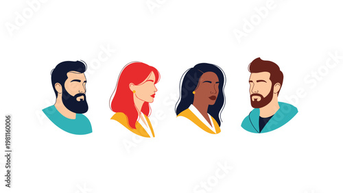 Four minimalist profile portraits of diverse men and women with different hair colors on a clean white background.