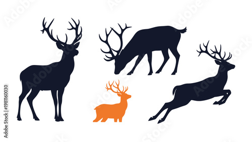 Set of black and orange deer silhouettes in different dynamic poses like walking and jumping on a white background.