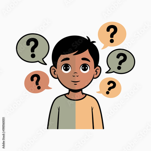 Young boy wondering with many question marks in speech bubbles surrounding his head expressing confusion and curiosity in a colorful minimalist flat vector illustration