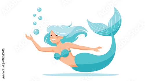 Mermaid with blue hair swimming underwater and creating bubbles in a charming flat vector illustration style for children.