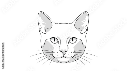 Detailed line drawing of a cat head with whiskers and pointed ears in a minimalist black and white style for artistic prints.