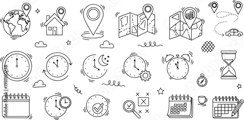 Map navigation time management and schedule planning outline symbols with global location tracking and productivity elements vector illustration doodle art and icon set