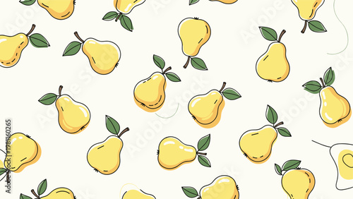 Seamless pattern of yellow pears with green leaves on a light cream background for kitchen textile and food packaging designs.