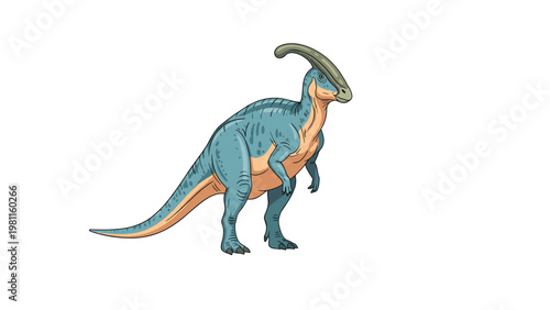 Detailed illustration of a parasaurolophus dinosaur with a long crest on its head and blue patterned skin isolated on white.