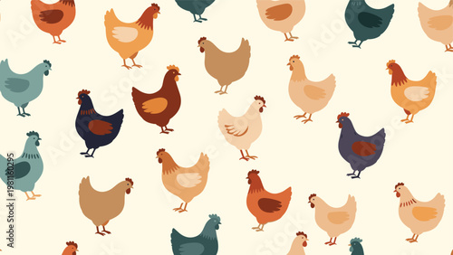 Seamless pattern of various chickens and hens in different colors like brown grey and white on a warm cream background for farm themes.